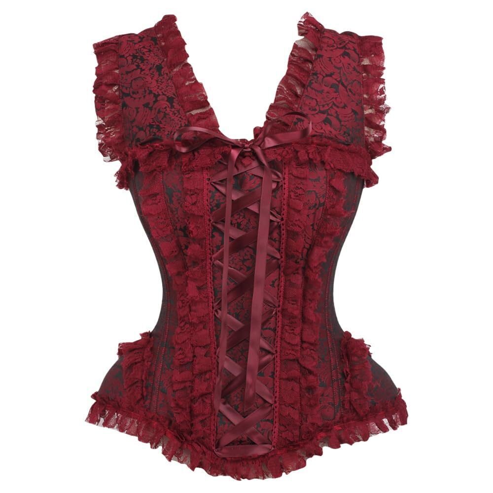4707 Top Drawer Red/Black Brocade & Lace Steel Boned Corset w/Cap Sleeves